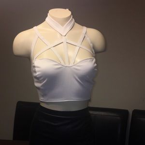 White crossed stripes crop top.